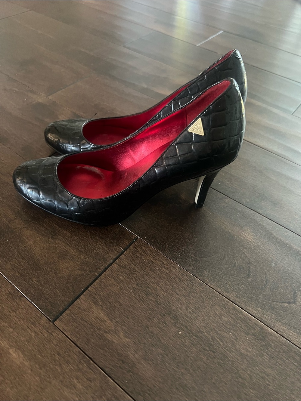 Guess Black Croc-Embossed Pumps with Red Interior - Women's Heels